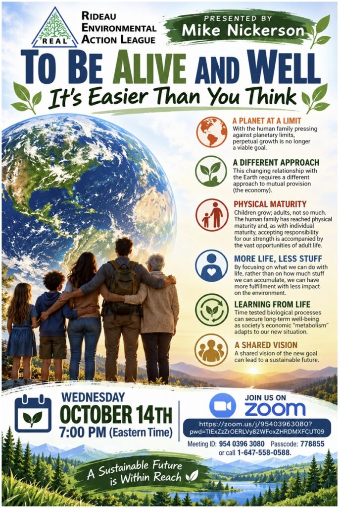 This is an Event Poster for an October 14, 2026 presentation by Mike Nickerson to the followers of R.E.A.L. 